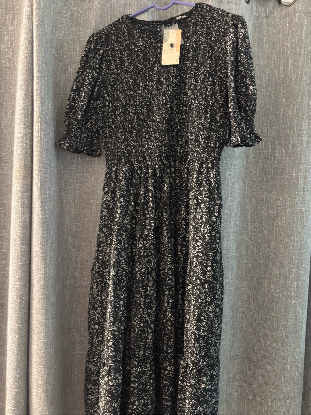 Black and White Printed Midi Dress with Puff Sleeves